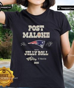 Official New England Patriots Post Malone with Jekky Roll 2025 ladies tee featuring stylish design and team logo.