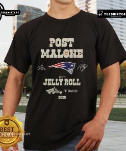 Alt Text: Official New England Patriots Post Malone With Jekky Roll 2025 T-Shirt featuring vibrant colors and trendy design.