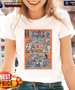 Official New York Knicks game day series 2025 ECF campaign NBA ladies tee featuring vibrant team colors and logo.
