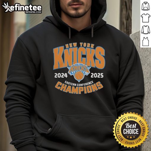 Alt Text: Official New York Knicks 2025 Eastern Conference Champions hoodie featuring team colors and logo, perfect for fans.