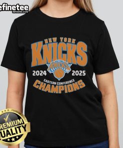 Official New York Knicks 2025 Eastern Conference Champions ladies tee featuring team colors and logo.