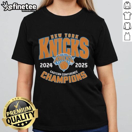 Official New York Knicks 2025 Eastern Conference Champions ladies tee featuring team colors and logo.