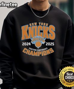 Official New York Knicks 2025 Eastern Conference Champions sweatshirt in blue with team logo and championship design.