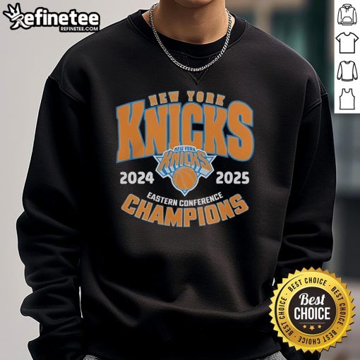 Official New York Knicks 2025 Eastern Conference Champions sweatshirt in blue with team logo and championship design.