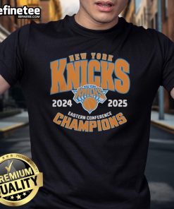 Official New York Knicks 2025 Eastern Conference Champions T-Shirt featuring team logo and vibrant colors.
