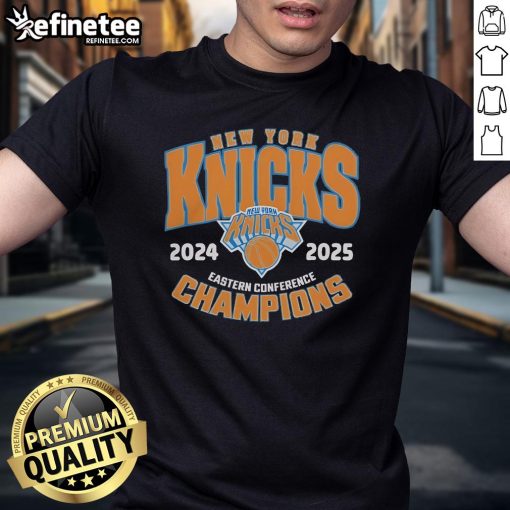 Official New York Knicks 2025 Eastern Conference Champions T-Shirt featuring team logo and vibrant colors.