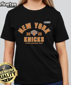 Official New York Knicks 2025 NBA Playoffs Eastern Conference Finals ladies tee featuring team logo and vibrant colors.