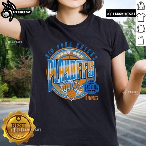 Official New York Knicks Basketball 2025 Playoffs Game Day Ladies Tee featuring team colors and logo design.