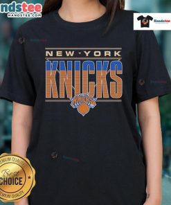 Official New York Knicks Striped Ladies Tee in blue and orange, perfect for stylish fans supporting their team.
