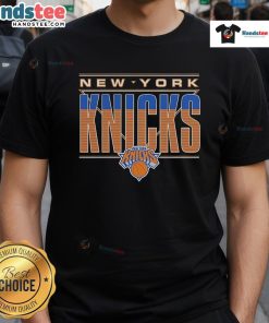 Official New York Knicks striped t-shirt featuring team colors and logo, perfect for fans and game day attire.