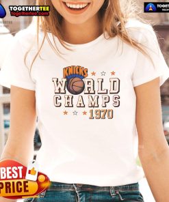 Alt Text: Official New York Knicks World Champs 1970 ladies tee featuring vintage design and team colors, perfect for fans.
