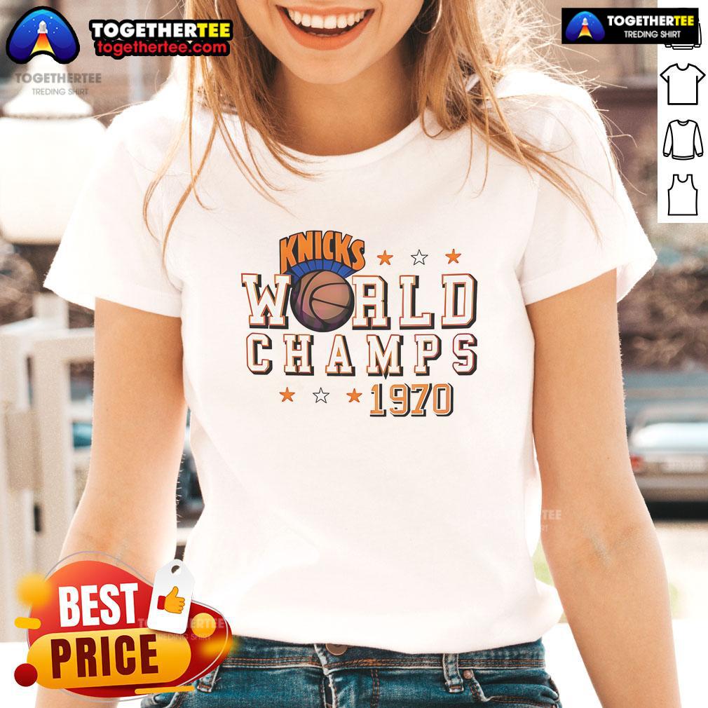 Official New York Knicks World Champs 1970 Ladies Tee Alt Text: Official New York Knicks World Champs 1970 ladies tee featuring vintage design and team colors, perfect for fans.