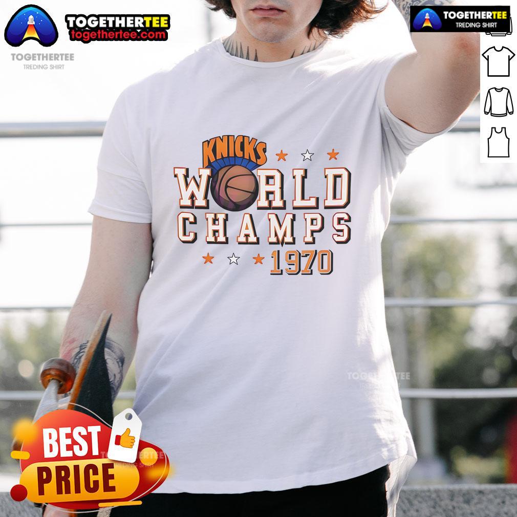 Official New York Knicks World Champs 1970 T Shirt Alt Text: Official New York Knicks World Champs 1970 T-Shirt featuring vintage design and team logo, perfect for Knicks fans.