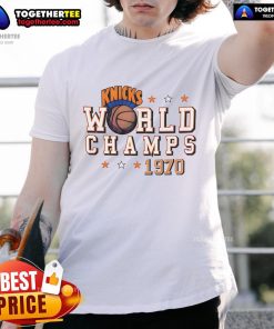 Alt Text: Official New York Knicks World Champs 1970 T-Shirt featuring vintage design and team logo, perfect for Knicks fans.