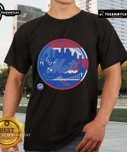 Alt Text: Official New York Mets Puerto Rican Flag Logo T-Shirt featuring vibrant colors and team branding for fans.