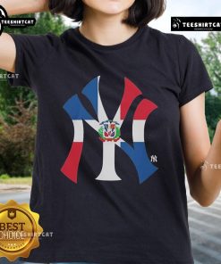 Alt Text: Official New York Yankees Dominican Republic Flag Logo Ladies Tee showcasing team pride and cultural heritage.