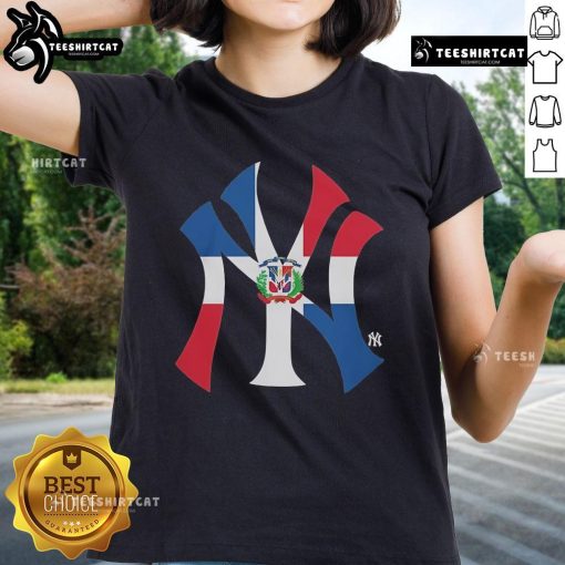 Alt Text: Official New York Yankees Dominican Republic Flag Logo Ladies Tee showcasing team pride and cultural heritage.