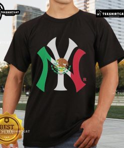 Alt Text: Official New York Yankees Mexican Flag Logo T-Shirt featuring vibrant colors and iconic team branding.