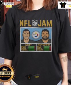 Official NFL Jam Steelers Watt and Heyward Ladies Tee showcasing team pride with vibrant graphics and a stylish fit.