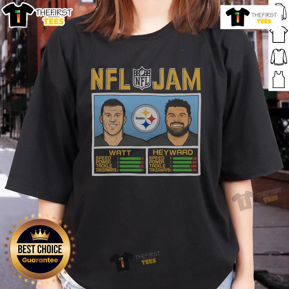 Official Nfl Jam Steelers Watt And Heyward Ladies Tee Official NFL Jam Steelers Watt and Heyward Ladies Tee showcasing team pride with vibrant graphics and a stylish fit.