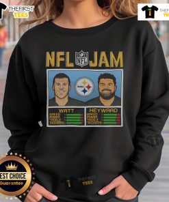 Alt Text: Official NFL Jam sweatshirt featuring Steelers players T.J. Watt and Cam Heyward in vibrant team colors.