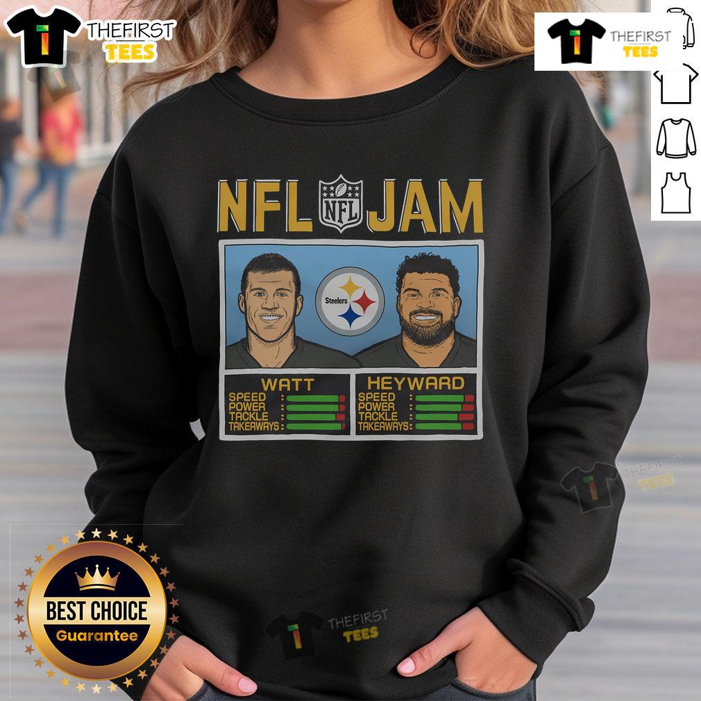 Official Nfl Jam Steelers Watt And Heyward Sweatshirt Alt Text: Official NFL Jam sweatshirt featuring Steelers players T.J. Watt and Cam Heyward in vibrant team colors.