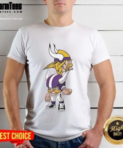 Alt Text: Official NFL Rush Zone Minnesota Vikings cartoon character t-shirt featuring vibrant graphics and team colors.