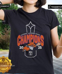 Alt Text: Buffalo Bandits 2025 NLL Cup Champions ladies tee showcasing team pride and vibrant design for fans.