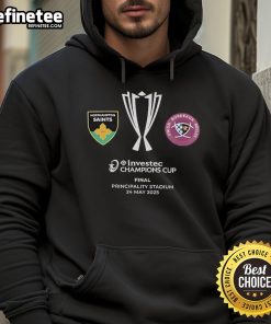 Official Northampton Saints vs Union Bordeaux Begles 2025 Champions Final teams hoodie showcasing team logos and colors.