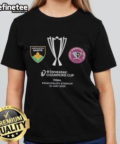 Northampton Saints vs Union Bordeaux Begles 2025 Champions Final teams on ladies tee, showcasing vibrant team logos.
