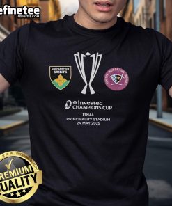 Official Northampton Saints Vs Union Bordeaux Bgles 2025 Champions Final Teams T-Shirt featuring team logos and vibrant design.