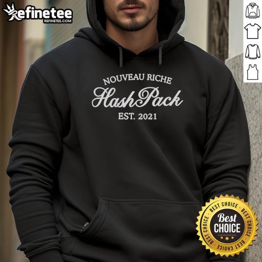 Alt Text: Official Nouveau Riche Hash Pack Est 2021 Hoodie in black, featuring stylish design and comfortable fit for casual wear.