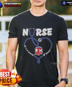 Alt Text: Official Nurse It's A Work Of Heart Sydney Roosters T-Shirt featuring vibrant graphics and team colors.