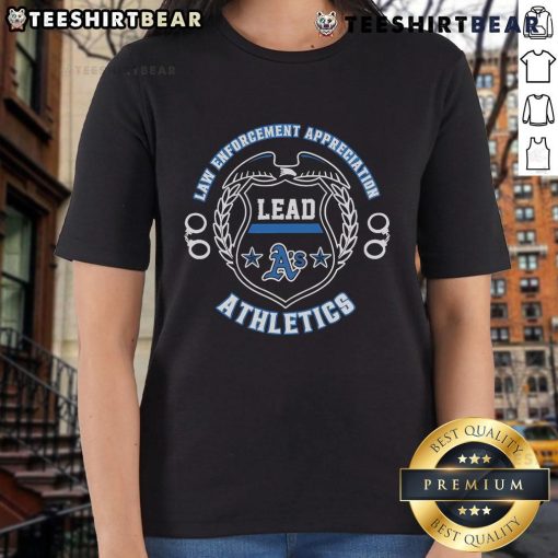 Official Oakland Athletics Law Enforcement Appreciation Day 2025 ladies tee featuring team colors and logo.