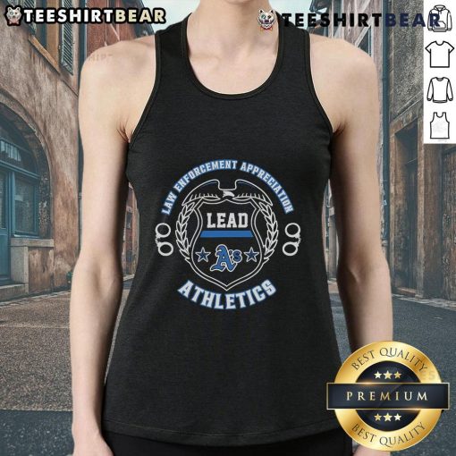 Official Oakland Athletics Law Enforcement Appreciation Day 2025 tank top featuring the team's logo and event graphics.