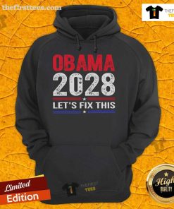 Alt Text: Official Obama 2028 hoodie featuring 'Let's Fix This' slogan, promoting unity and change in America.