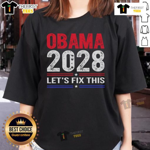 Official Obama 2028 Let's Fix This Ladies Tee featuring a stylish graphic design for supporters of Obama's campaign.