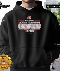Official Ohio State Buckeyes 2025 Men's Lacrosse Tournament Champs Hoodie in scarlet and gray with logo detail.