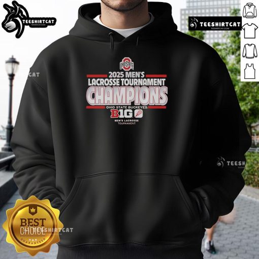 Official Ohio State Buckeyes 2025 Men's Lacrosse Tournament Champs Hoodie in scarlet and gray with logo detail.