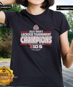 Ohio State Buckeyes 2025 Men's Lacrosse Tournament Champs ladies tee featuring team logo and vibrant design.