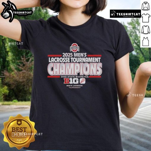 Ohio State Buckeyes 2025 Men's Lacrosse Tournament Champs ladies tee featuring team logo and vibrant design.