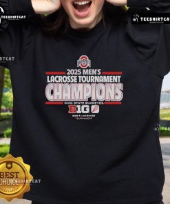 Alt Text: Official Ohio State Buckeyes 2025 Men's Lacrosse Tournament Champs sweatshirt in scarlet and gray, showcasing team pride.