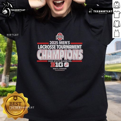 Alt Text: Official Ohio State Buckeyes 2025 Men's Lacrosse Tournament Champs sweatshirt in scarlet and gray, showcasing team pride.