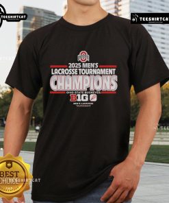 Official Ohio State Buckeyes 2025 Men's Lacrosse Tournament Champs T-Shirt featuring team colors and logo design.