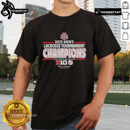 Official Ohio State Buckeyes 2025 Men's Lacrosse Tournament Champs T-Shirt featuring team colors and logo design.