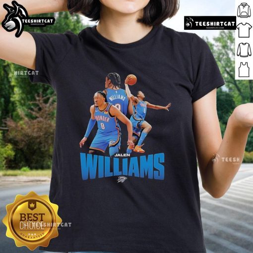 Alt Text: Official OKC Thunder Jalen Williams NBA Ladies Tee featuring team colors and logo for female fans.