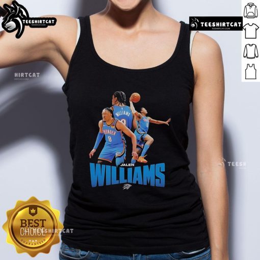 Alt Text: Official OKC Thunder Jalen Williams NBA tank top showcasing team colors and player graphics.