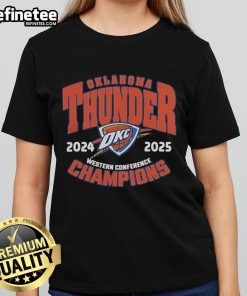 Official OKC Thunder NBA Playoffs 2024-25 Western Conference Champions ladies tee featuring team colors and logo.