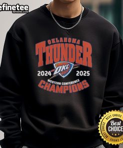 Alt Text: Official OKC Thunder NBA Playoffs 2024-25 Western Conference Champions sweatshirt in blue with team logo.