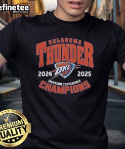 Alt Text: Official OKC Thunder NBA Playoffs 2024-25 Western Conference Champions T-Shirt featuring team colors and logo.